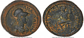 CARIA. Apollonia Salbace. Trajan (AD 98-117). AE (22mm, 12h). NGC XF. ΑΠΛ-ΛΩΝΙΑ, helmeted, draped bust of Athena right / ΠΑΠΙΑϹ ΚΑΛΛΙΠΠΟΥ, Zeus seated...