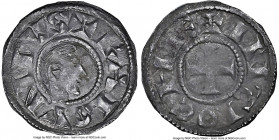 Antioch. Raymond of Poitiers Denier ND (1136-1149) AU55 NGC, CCS-16. 1.00gm. RAIMVNIVS bare head right in circle / ANTIOCHIA Cross in circle. 

HID0...