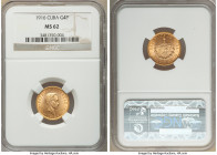 Republic gold 4 Pesos 1916 MS62 NGC, Philadelphia mint, KM18. Two year type. AGW 0.1935 oz. From the "For My Daughters" Collection 

HID09801242017...