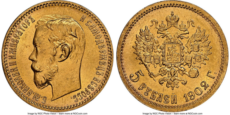 Nicholas II gold 5 Roubles 1902-AP MS66 NGC, St. Petersburg mint, KM-Y62. AGW 0....
