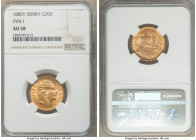 Milan I gold 20 Dinara 1882-V AU58 NGC, Vienna mint, KM17.1. Type I edge "God Protect Serbia". From the "For My Daughters" Collection 

HID098012420...