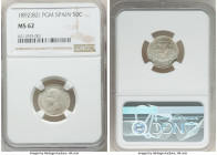 Alfonso XIII 50 Centimos 1892(82) PG-M MS62 NGC, Madrid mint, KM690. Smokey gray tone over bright reflective surfaces. 

HID09801242017

© 2022 He...