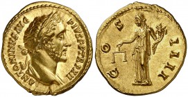(148-149 d.C.). Antonino pío. Áureo. (Spink 4003 var) (Co. 234) (RIC. 177) (Calicó 1503). 7,29 g. Muy bella. Rara así. EBC+.