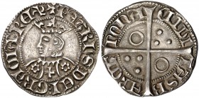 Pere III (1336-1387). Barcelona. Croat. (Cru.V.S. 412) (Badia 299) (Cru.C.G. 2224). 3,20 g. Flores de seis pétalos y cruz en el vestido. Letras gótica...
