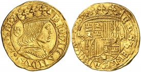 Ferran II (1479-1516). Barcelona. Principat. (Cru.V.S. 1133) (Cru.C.G. 3060e). 3,49 g. El busto no corta la leyenda. Armas intercambiadas en 3er cuart...