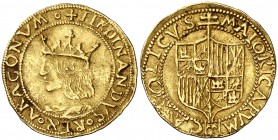 Ferran II (1479-1516). Mallorca. Ducat. (Cru.V.S. 1174) (Cru.C.G. 3090a var). 3,50 g. Preciosa pátina. Rara. MBC+.