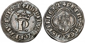 Pedro I (1350-1368). Coruña. Medio real. (AB. 383). 1,56 g. Leve grieta. Preciosa pátina. Muy rara. EBC-.