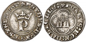Pedro I (1350-1368). Sevilla. Medio real. (AB. 384.1). 1,72 g. Bella pátina. Rara con el nombre del rey en anverso y reverso. EBC-.