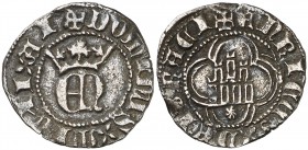 Enrique II (1368-1379). Santiago de Compostela. Medio real. (AB. falta). 1,39 g. Sin el título de rey de Castilla. Pátina oscura. Muy rara. MBC.