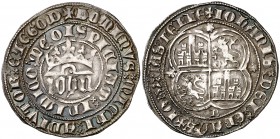 Juan I (1379-1390). Burgos. Real. (AB. 537 var). 3,42 g. Curiosa doble acuñación de la leyenda del reverso. Bella. Pátina. EBC-.