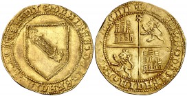 Juan II (1406-1454). Sevilla. Dobla de la banda. (AB. 617.1 var) (M.R. 16.7 var). 4,46 g. Leones coronados. Bella. Rara escritura del nombre del rey e...