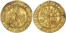 Enrique IV (1454-1474). Sevilla. Enrique "de la silla baja". (AB. 644) (M.R. falta). 4,49 g. Orlas circulares. Leones coronados. Bella. No figuraba en...