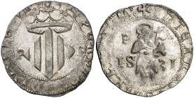 1531. Carlos I. Perpinyà. Doble sou. (Cal. 32) (Cru.C.G. 3803 var). 4,17 g. Vellón muy rico. Bella. Muy rara así. EBC.
