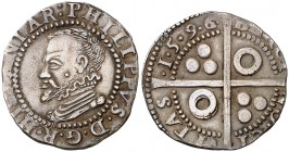 1596. Felipe II. Barcelona. 1 croat. (Cal. 606) (Badia 951) (Cru.C.G. 4246d). 3,37 g. Bella. Rara así. EBC-.
