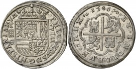 1586. Felipe II. Segovia. 8 reales. (Cal. 175). 27,15 g. Acueducto de cuatro arcos y dos pisos. Muy bella. Brillo original. Rara y más así. EBC/EBC+....