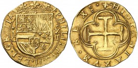 s/d. Felipe II. Cuenca. X. 2 escudos. (Cal. 35, mismo ejemplar) (Tauler 625, mismo ejemplar). 6,69 g. Bellísima pátina. Muy rara y más así. EBC+.