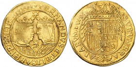 s/d. Felipe II. Barcelona. Doble principat. (Cal. falta) (Cru.C.G. 4245a). 6,99 g. Bella. Parte de brillo original. Muy rara. EBC-.