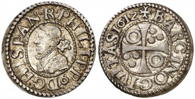 1612. Felipe III. Barcelona. 1/2 croat. (Cal. 535) (Badia 1017) (Cru.C.G. 4342b). 1,57 g. Bella. Preciosa pátina. Rara así. EBC+.