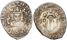 1616. Felipe III. Valencia. 1 divuitè. (Cal. 512) (Cru.C.G. 4361d var). 2,03 g. Sin el ordinal del rey. Bella. Preciosa pátina. Escasa así. EBC-.