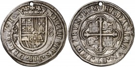 1610. Felipe III. México. F. 8 reales. (Cal. 93) (Lázaro 37, indica un ejemplar sin perforación, como único) 26,04 g. Redonda. Tipo de presentación re...