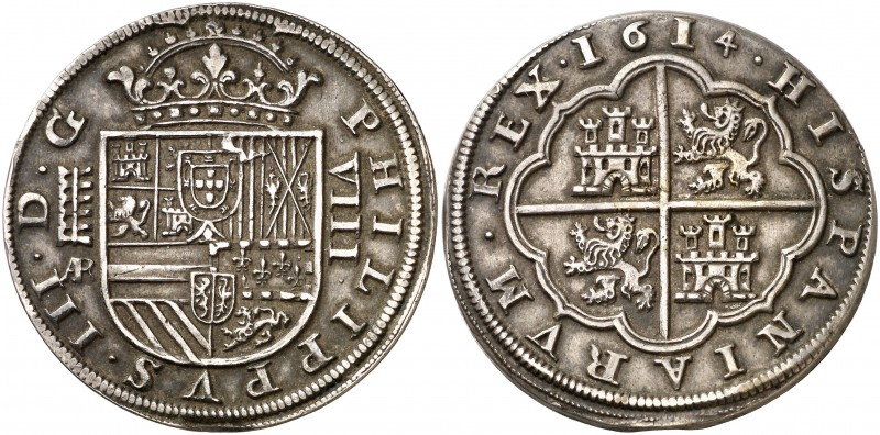 1614. Felipe III. Segovia. . 8 reales. (Cal. 152). 26,75 g. Cuatro flores de lis...