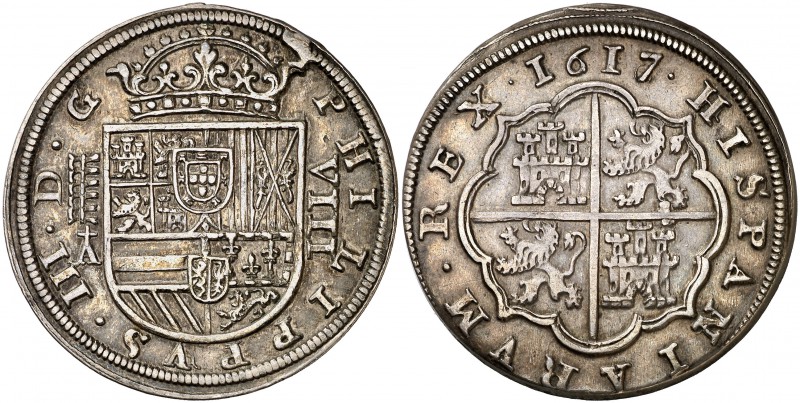 1617/6. Felipe III. Segovia. . 8 reales. (Cal. falta). 26,84 g. Cuatro flores de...