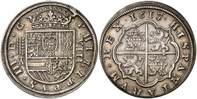 1617/6. Felipe III. Segovia. . 8 reales. (Cal. falta). 26,84 g. Cuatro flores de lis en las armas de Borgoña. Pátina atractiva. Rara. EBC-.