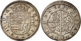1617. Felipe III. Segovia. . 8 reales. (Cal. 158). 26,23 g. Tres flores de lis en las armas de Borgoña. Pátina. Bella. Rara así. EBC-.