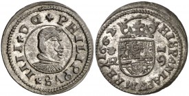 1662. Felipe IV. Coruña. R. 16 maravedís. (Cal. 1300) (J.S. M-120). 3,59 g. Conserva el plateado original. Muy bella. Rara así. S/C-.