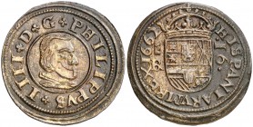 1662. Felipe IV. Segovia. . 16 maravedís. (Cal. 1510) (J.S. M-523). 4,29 g. Dos puntos sobre el busto. Preciosa pátina. Bella. Muy escasa así. EBC+....