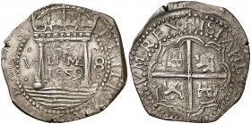 1659. Felipe IV. Lima. V. 8 reales. (Cal. 262, mismo ejemplar). 26,23 g. Plata ligeramente agria. Ejemplar muy atractivo. Muy rara . (EBC).