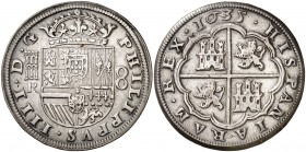 1635. Felipe IV. Segovia. R. 8 reales. (Cal. 575). 27,62 g. Buen ejemplar. Rara. MBC+.