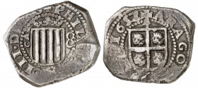 1652. Felipe IV. Zaragoza. 8 reales. (Cal. 648) (Cru.C.G. falta). 26,32 g. Extraordinario ejemplar. Muy rara. (MBC+).