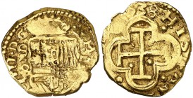 1638. Felipe IV. (Madrid). 2 escudos. (Cal. 142, mismo ejemplar) (Tauler 127, mismo ejemplar). 6,72 g. Todos los datos visibles, incluyendo el ordinal...