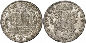 1684. Carlos II. Nápoles. AG/A. 1 tari. (Vti. 168) (MIR. 298/2). 5,69 g. Sin "mascarón" bajo la corona, en anverso. Bella. Brillo original. Escasa así...