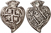 1700. Carlos II. Potosí. F. 2 reales. (Cal. falta). 8,08 g. En forma de "corazón". Perforación reparada, habitual en este tipo. Doble fecha y triple e...
