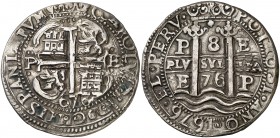 1676. Carlos II. Potosí. E. 8 reales. (Cal. 312) (Lázaro 194). 27,09 g. Redonda. Tipo de presentación real. Triple fecha. Granada del reverso sin punt...