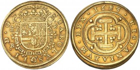 1683. Carlos II. Segovia. . 8 escudos. (Cal. 36) (Cal.Onza 144, indica pocos ejemplares conocidos) 26,34 g. Mínimos golpecitos. Bella. Precioso color....