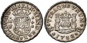 1738. Felipe V. México. MF. 1/2 real. (Cal. 1862). 1,68 g. Columnario. Bella. Brillo original. EBC+.