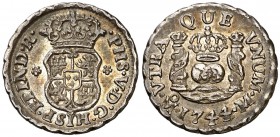 1744. Felipe V. México. M. 1/2 real. (Cal. 1869). 1,69 g. Columnario. Bella. Preciosa pátina. Rara así. EBC.