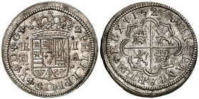1726. Felipe V. Madrid. A. 1 real. (Cal. 1532). 2,81 g. Muy bella. Brillo original. Rara así. S/C-.
