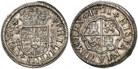 1721. Felipe V. Sevilla. J. 1 real. (Cal. 1709). 2,93 g. Bellísima. Brillo original. Rara así. S/C-.