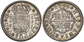 1744. Felipe V. Sevilla. PJ. 1 real. (Cal. 1730). 2,96 g. Bella. Parte de brillo original. Rara así. EBC+.