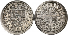1718. Felipe V. Cuenca. JJ. 2 reales. (Cal. 1161). 6,32 g. Bella. Brillo original. Rara así. EBC+.