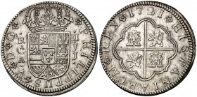 1721. Felipe V. Cuenca. JJ. 2 reales. (Cal. 1162). 5,72 g. La C de la ceca rectificada sobre otra. Bella. Escasa así. EBC+.