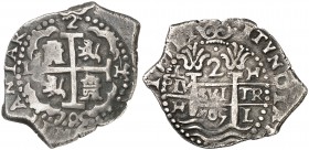 1705. Felipe V. Lima. H. 2 reales. (Cal. 1194). 6,79 g. Doble fecha y triple ensayador. Buen ejemplar con gran parte de las leyendas legibles. Rara as...