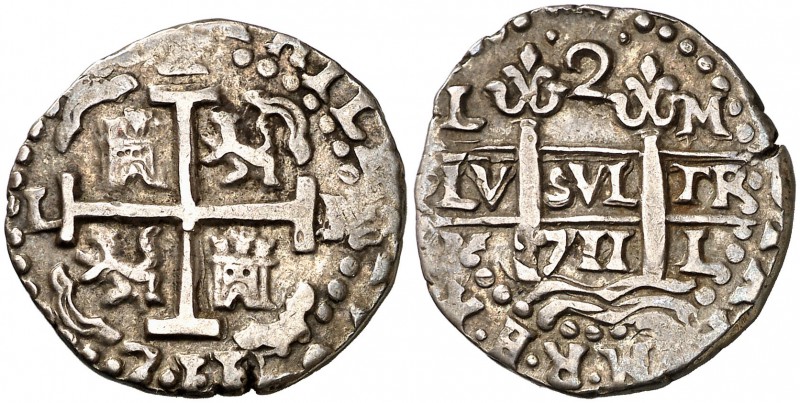 1711. Felipe V. Lima. M. 2 reales. (Cal. 1180) (Kr. R32). 6,40 g. Redonda. Tipo ...