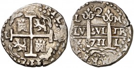 1711. Felipe V. Lima. M. 2 reales. (Cal. 1180) (Kr. R32). 6,40 g. Redonda. Tipo de presentación real. Doble fecha y triple ensayador. Muy bella. Preci...
