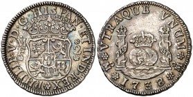 1738/7. Felipe V. México. MF. 2 reales. (Cal. 1285). 6,70 g. Columnario. Preciosa pátina. Rara así. EBC-.