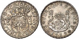 1739. Felipe V. México. MF. 2 reales. (Cal. 1287). 6,71 g. Columnario. Bella. Brillo original. Preciosa pátina. Rara así. EBC.